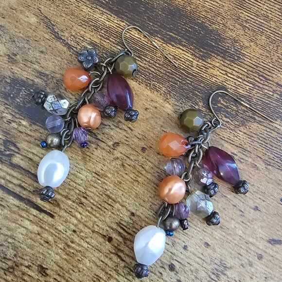 Pair of Vintage French Hook Mixed Media Beaded Dangle Earrings Earth Tones - Picture 1 of 3